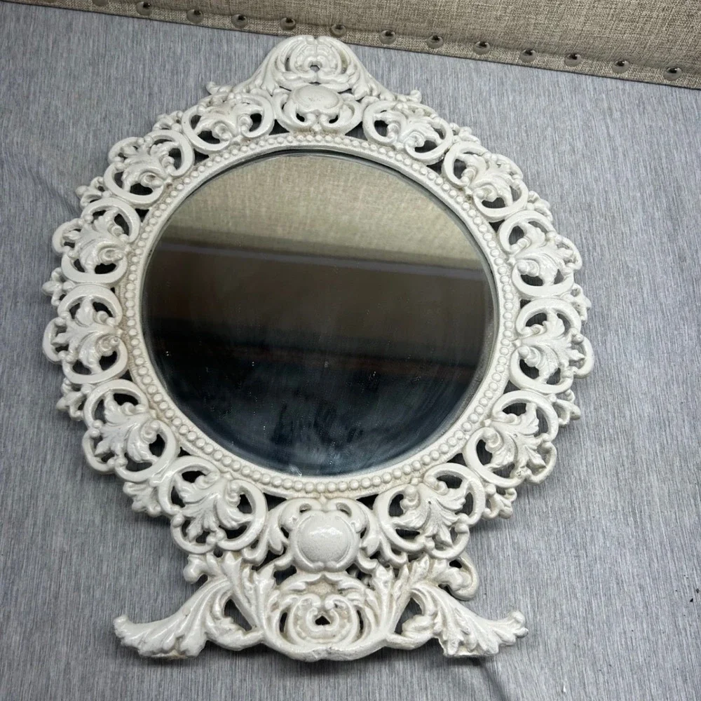 Vintage White Ornate Cast Metal Tabletop Vanity Mirror Rococo Scrollwork 12.5in‎